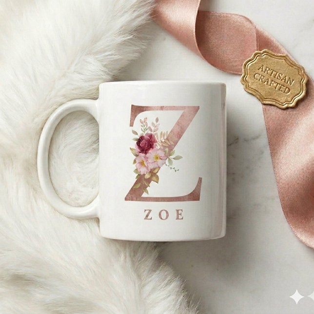 Personalized Rose Gold Floral Letter Z Monogram  Coffee Mug (Creator Uploaded)