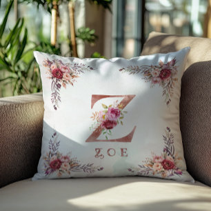 Personalized Rose Gold Floral Letter Z Monogram Throw Pillow