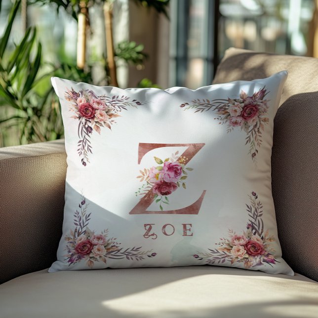 Personalized Rose Gold Floral Letter Z Monogram  Throw Pillow (Creator Uploaded)
