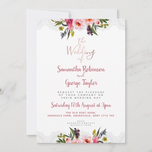 Personalized Rose Gold Floral Wedding Invitation (Front)