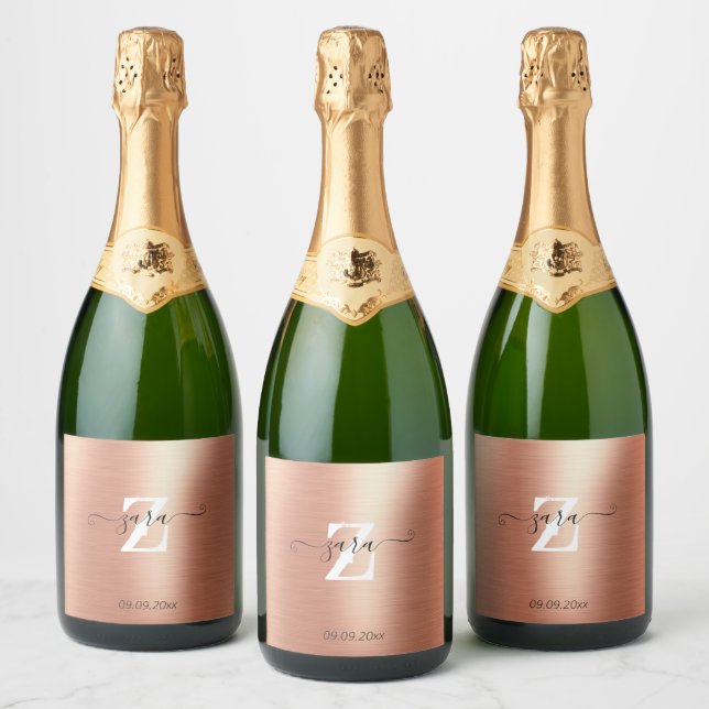 Personalized Rose Gold Foil Monogram Script Bottle Sparkling Wine Label (Bottles)