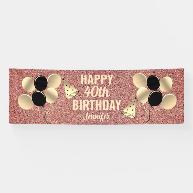 Personalized Rose Gold Glitter 40th Birthday Party Banner (Horizontal)