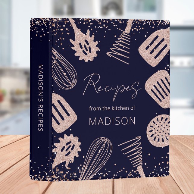 Personalized Rose Gold Glitter Cooking Recipe Book Mini Binder (In situ)