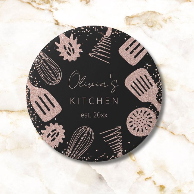 Personalized Rose Gold Glitter Cooking Tools Button (Close up)