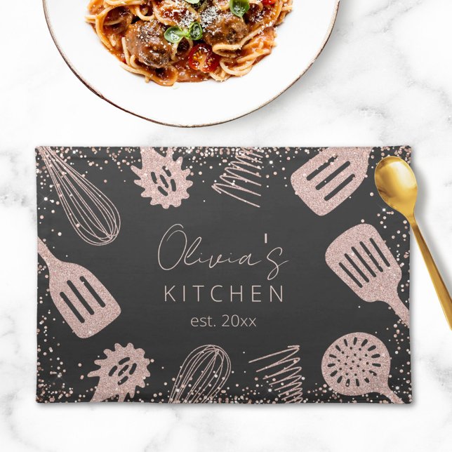 Personalized Rose Gold Glitter Cooking Tools Cloth Placemat (In situ)