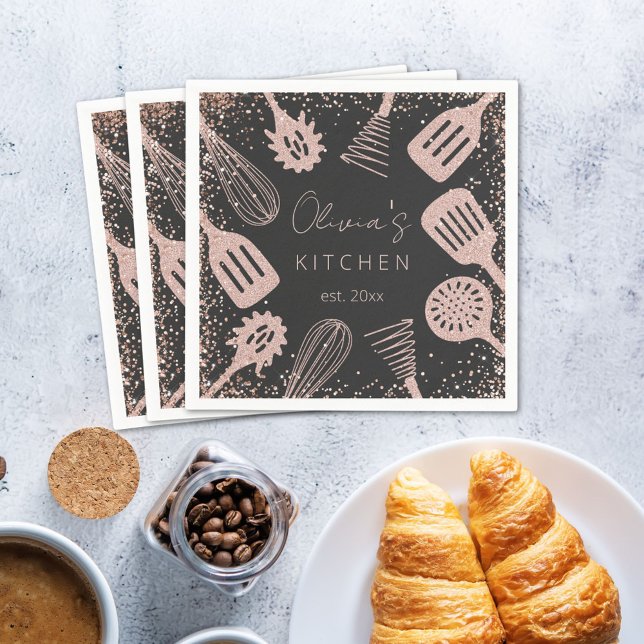 Personalized Rose Gold Glitter Cooking Tools Napkins (In situ)