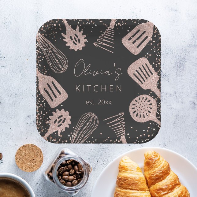 Personalized Rose Gold Glitter Cooking Tools Paper Plates (In situ)