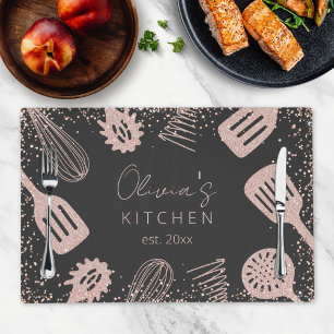Personalized Rose Gold Glitter Cooking Tools Placemat