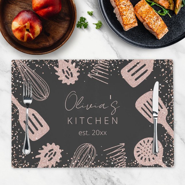 Personalized Rose Gold Glitter Cooking Tools Placemat (In situ)