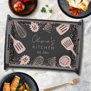 Personalized Rose Gold Glitter Cooking Tools Serving Tray