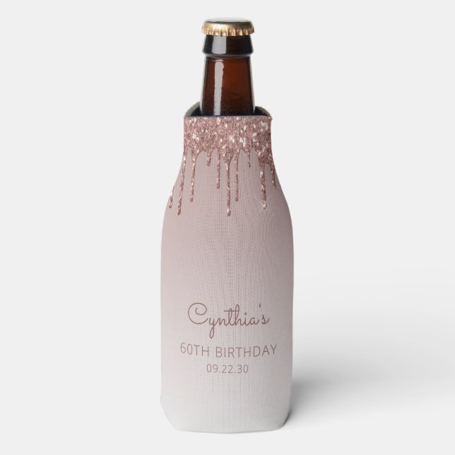 Personalized Rose Gold Glitter Drip 60th Birthday Bottle Cooler (Bottle Front)