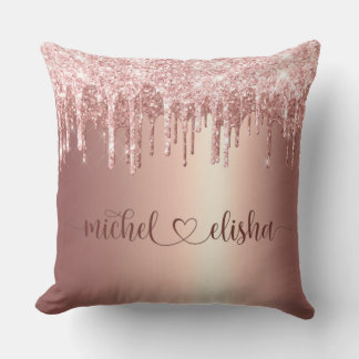 Personalized Rose Gold Glitter Drip Couple Names Throw Pillow