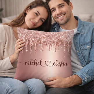 Personalized Rose Gold Glitter Drip Couple Names Throw Pillow