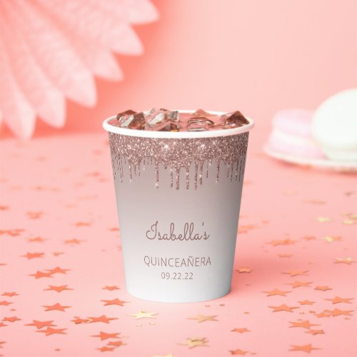 Personalized Rose Gold Glitter Drip Quinceaera Paper Cups