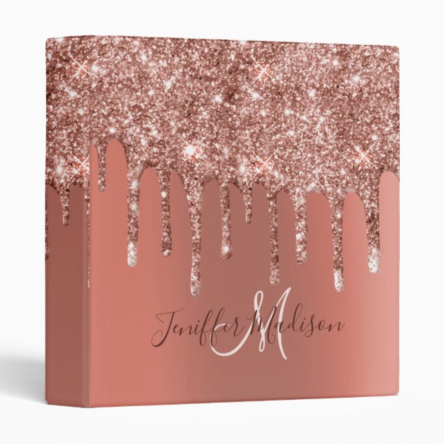 Personalized Rose Gold Glitter Drips Girly Luxury  3 Ring Binder (Front/Spine)