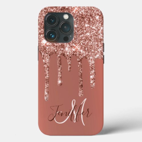 Personalized Rose Gold Glitter Drips Girly Luxury  iPhone 13 Pro Case