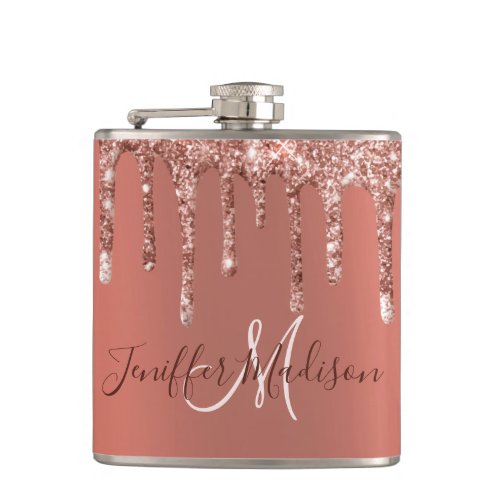 Personalized Rose Gold Glitter Drips Girly Luxury  Flask