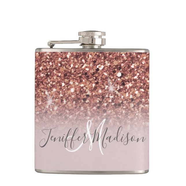 Personalized Rose Gold Glitter Drips Girly Luxury  Flask (Front)