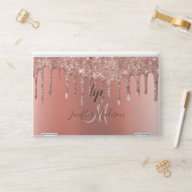 Personalized Rose Gold Glitter Drips Girly Luxury  HP Laptop Skin (Desk)
