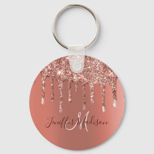 Personalized Rose Gold Glitter Drips Girly Luxury Keychain