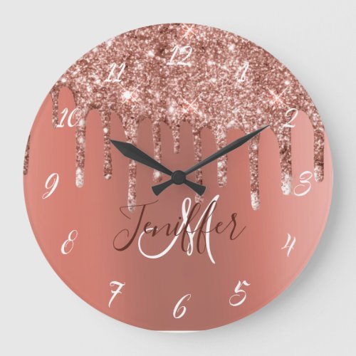 Personalized Rose Gold Glitter Drips Girly Luxury  Large Clock