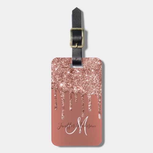 Personalized Rose Gold Glitter Drips Girly Luxury  Luggage Tag
