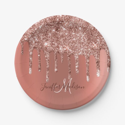 Personalized Rose Gold Glitter Drips Girly Luxury  Paper Plates