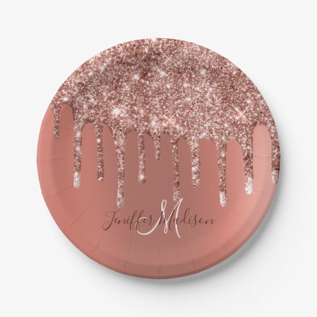 Personalized Rose Gold Glitter Drips Girly Luxury  Paper Plates (Front)