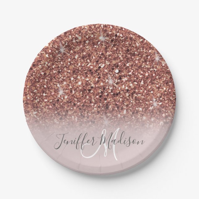 Personalized Rose Gold Glitter Drips Girly Luxury  Paper Plates (Front)