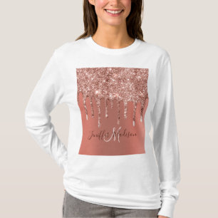 Personalized Rose Gold Glitter Drips Girly Luxury T-Shirt