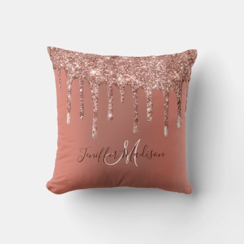 Personalized Rose Gold Glitter Drips Girly Luxury  Throw Pillow