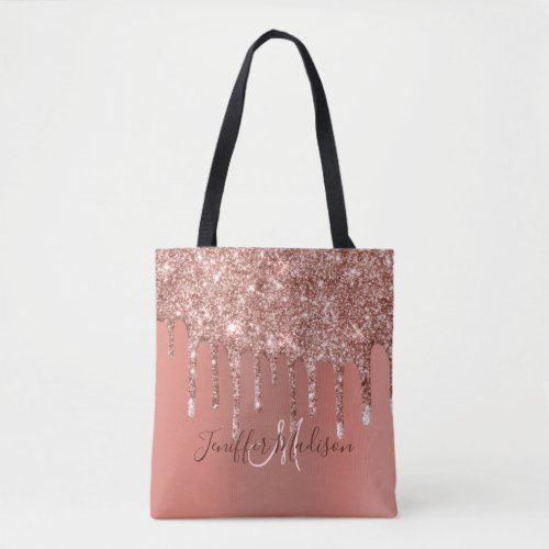 Personalized Rose Gold Glitter Drips Girly Luxury  Tote Bag