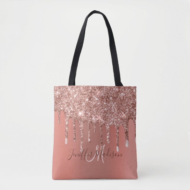 Personalized Rose Gold Glitter Drips Girly Luxury  Tote Bag (Front)