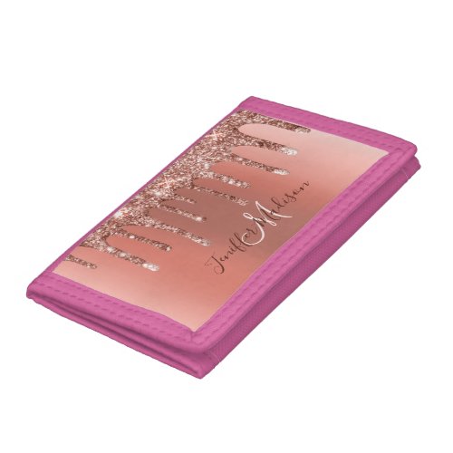 Personalized Rose Gold Glitter Drips Girly Luxury  Trifold Wallet