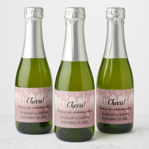 Personalized Rose Gold Glitter Drips Mini Sparkling Wine Label