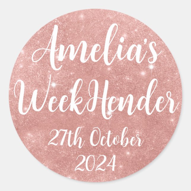 Personalized Rose Gold Glitter Effect Stickers. Classic Round Sticker (Front)
