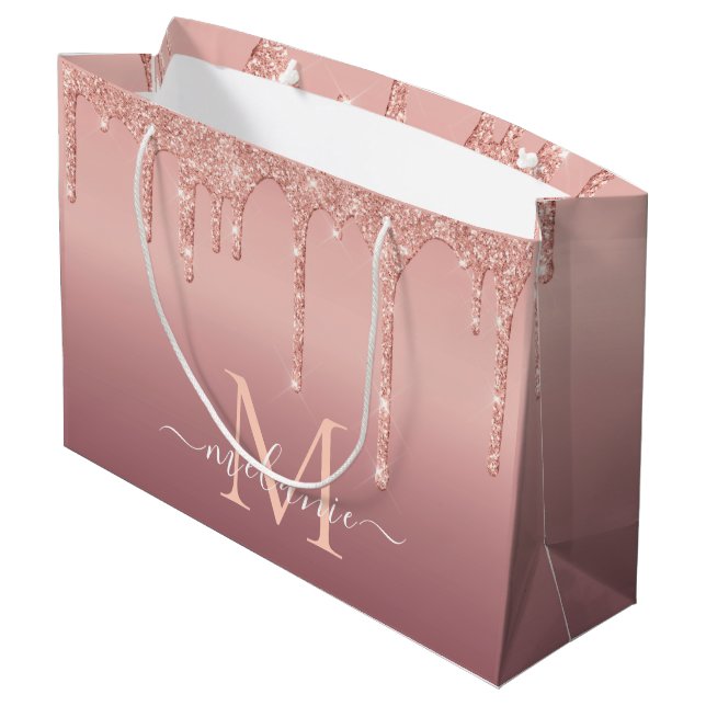 Personalized Rose Gold Glitter Gift Bag for Her (Back Angled)