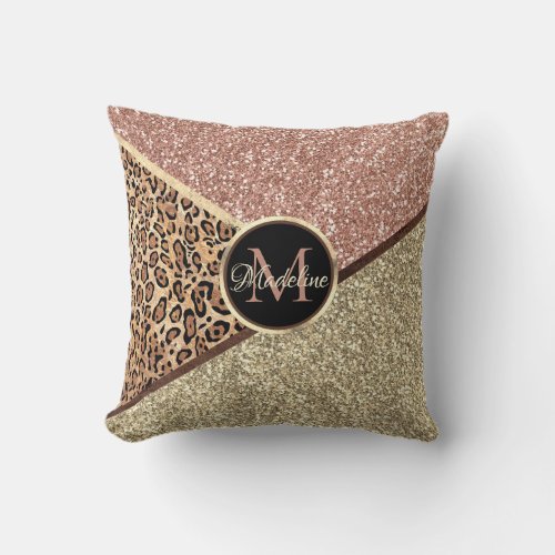 Personalized Rose Gold Glitter Leopard  Monogram Throw Pillow