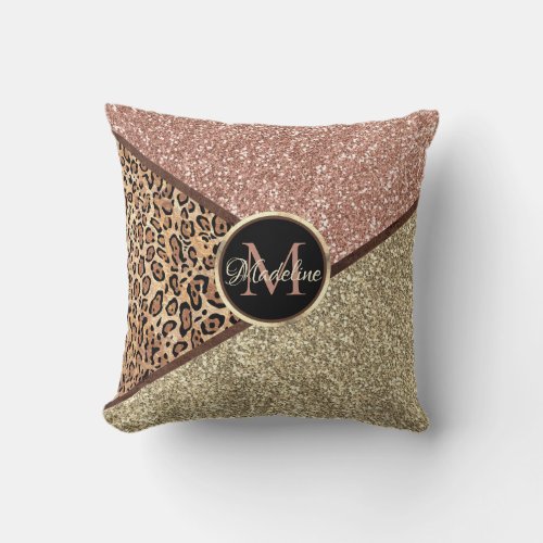 Personalized Rose Gold Glitter Leopard  Name Throw Pillow