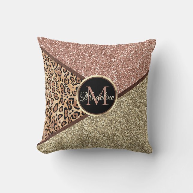 Personalized Rose Gold Glitter Leopard  Name Throw Pillow (Front)