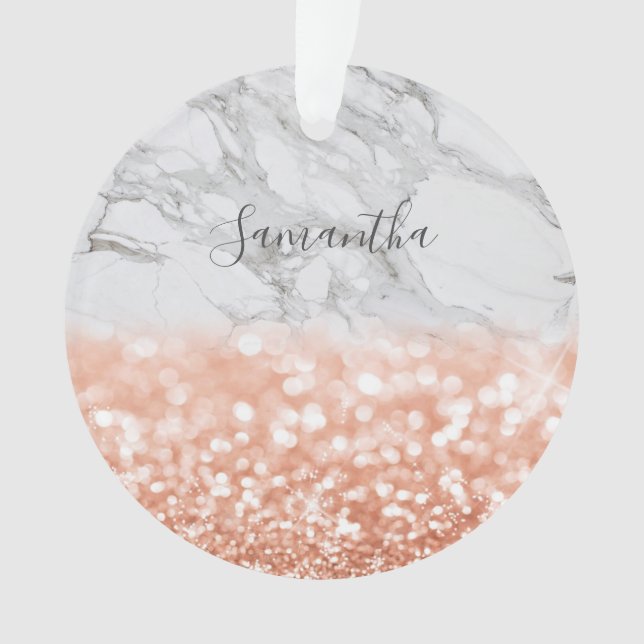 Personalized Rose Gold Glitter Marble Ornament (Front)
