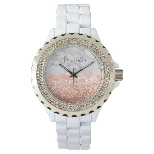 Personalized Rose Gold Glitter Marble Watch (Front)