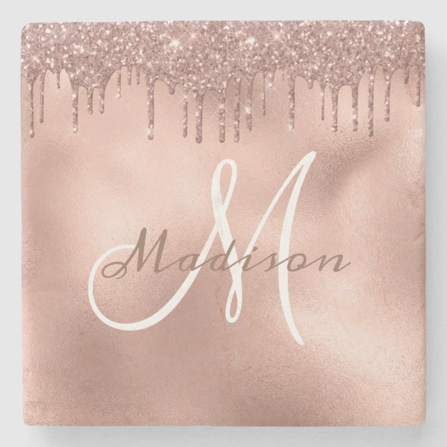 Personalized Rose Gold Glitter Monogram Custom Stone Coaster (Front)