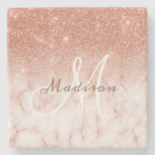 Personalized Rose Gold Glitter Monogram Marble Stone Coaster
