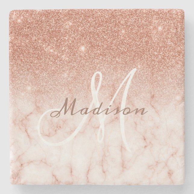 Personalized Rose Gold Glitter Monogram Marble Stone Coaster (Front)