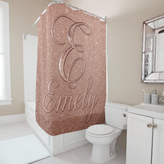 Personalized Rose Gold Glitter Name Design – Emely Shower Curtain (In Situ)