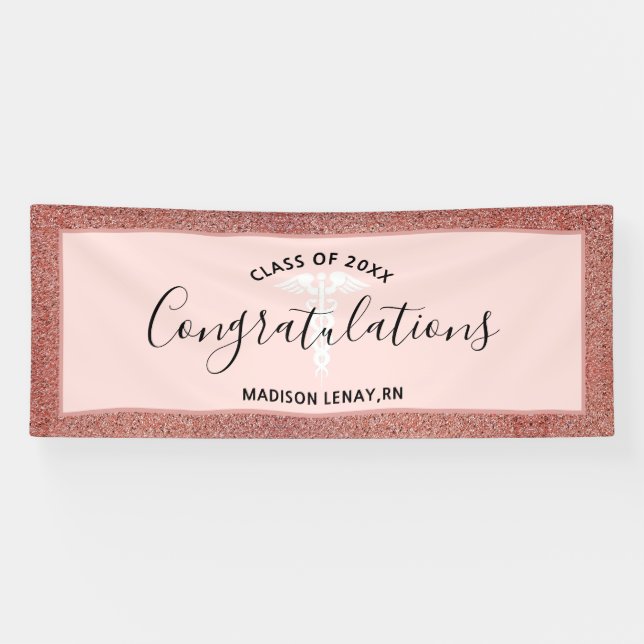 Personalized Rose Gold Glitter Nurse Graduation Banner (Horizontal)
