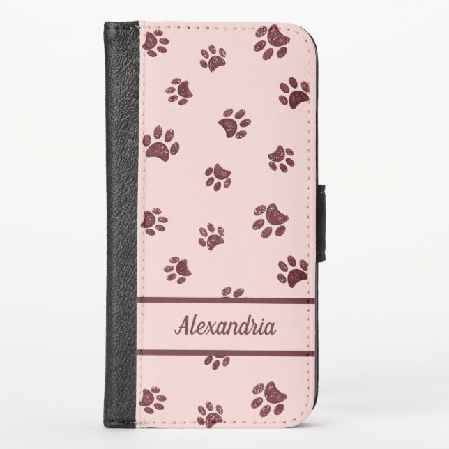 Personalized Rose Gold Glitter Paw Prints Pink iPhone Wallet Case (Front)