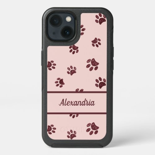 Personalized Rose Gold Glitter Paw Prints Pink iPhone 13 Case