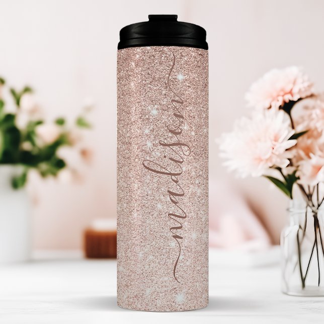 Personalized Rose Gold Glitter Thermal Tumbler (Creator Uploaded)